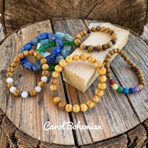 Pulsera Palo Santo, selenita, Jade, ojo de tigre, 7 chakras